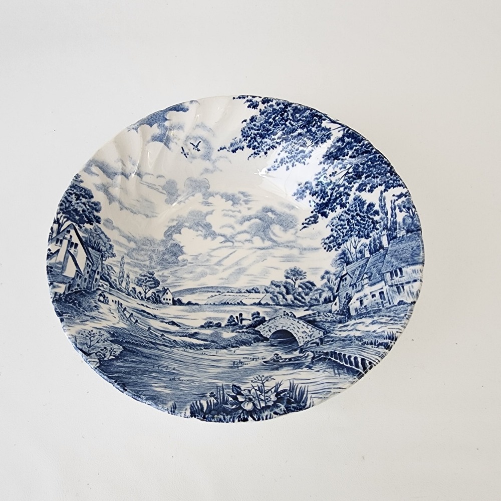Bluebrook by Staffordshire Round Vintage Bowl Swirl Rim Blue Brookside Scene